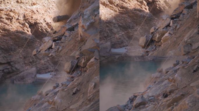 喜马偕尔邦马纳利，山体滑坡导致石头从山上掉下来。季风期间山区的自然灾害。