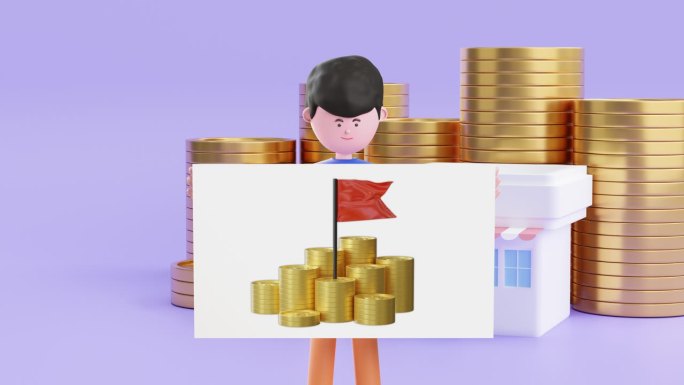 3d动画卡通商人拿着白板，钱堆上有红旗，生意成功。