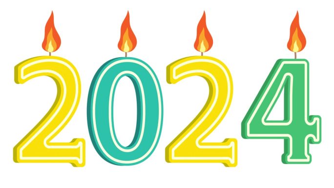 祝贺新的一年2024，数字以蜡烛的形式，阿尔法通道