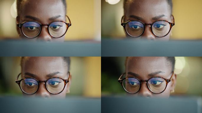 商务女性，在电脑上阅读和研究在线项目，文章审查和编辑或夜间分析。非洲人，编辑或记者的焦点和屏幕上的眼
