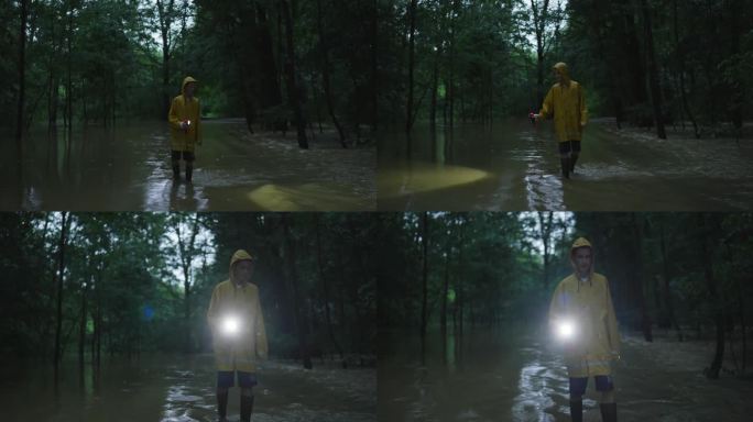小男孩带着手电筒走在森林里被水淹没的平原上