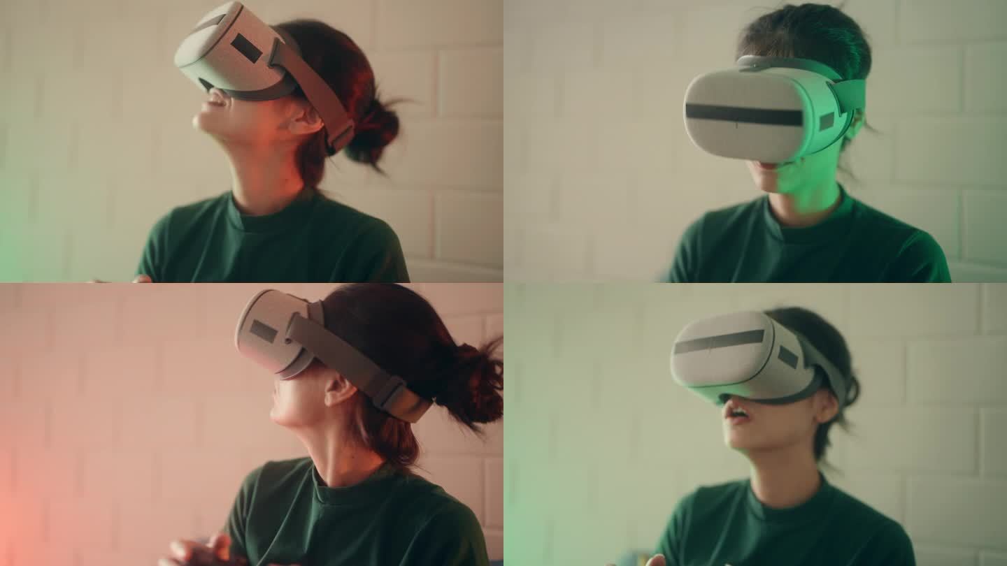 数字娱乐乐趣:虚拟现实游戏与时尚的女人在家里在VR 360头显。