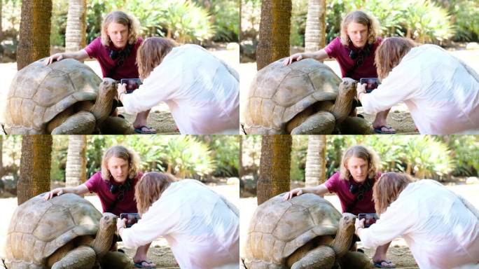 在毛里求斯岛的动物园自然公园里，一位游客妈妈用手机给儿子和世界上最大的陆龟之一——阿尔达布拉巨型陆龟