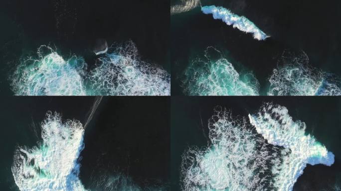 固定的高角度拍摄，在巨大的海浪上，海浪相互越过，在礁石平台上破碎