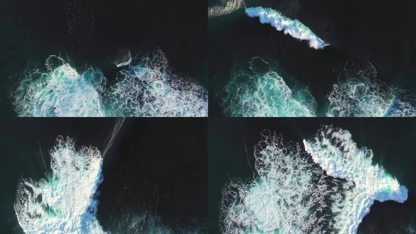 固定的高角度拍摄，在巨大的海浪上，海浪相互越过，在礁石平台上破碎