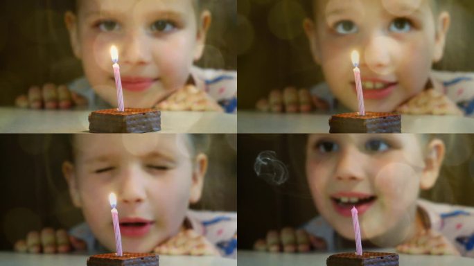 可爱的小女孩吹灭蛋糕上的蜡烛，快乐，享受生日。柔和模糊光耀斑效果