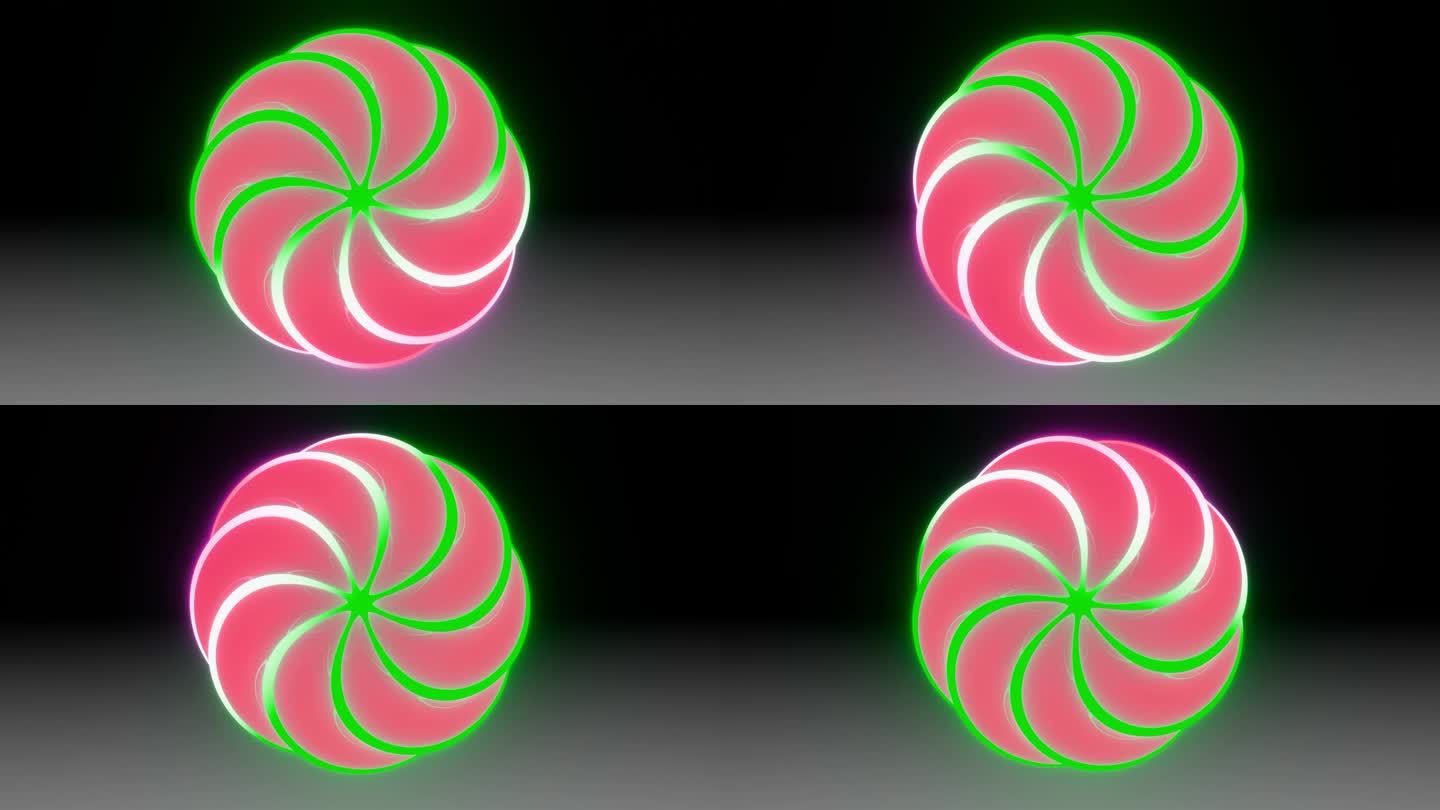 介绍动画或标志显示模板绿色和红色。无缝循环3d渲染4K。平滑的催眠模式。黑色背景上的彩色环旋转。花瓣