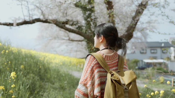 亚洲女人在草地上散步的背影，在假期中感到放松和精神焕发。