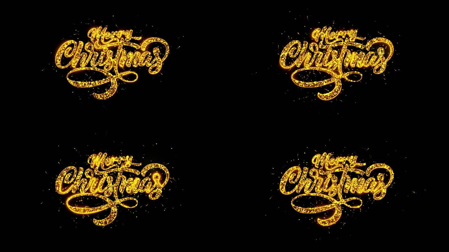 圣诞快乐2024问候豪华文字金色火花闪亮烟花庆典闪耀粒子动画。