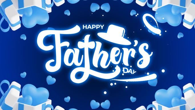 父亲节快乐视频动画。“父亲节快乐”，蓝底白字。祝父亲节快乐。高分辨率高质量的背景。