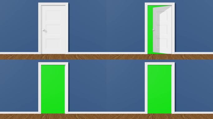 蓝房门向外打开，门后绿屏，蓝房门打开带绿屏入口，4K门打开绿屏动画，3D渲染