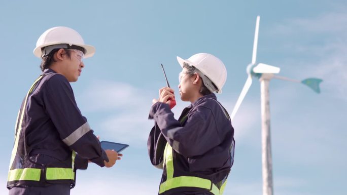 两名技术人员在风力发电场一起检查风力发电机。环保为未来的清洁能源。
