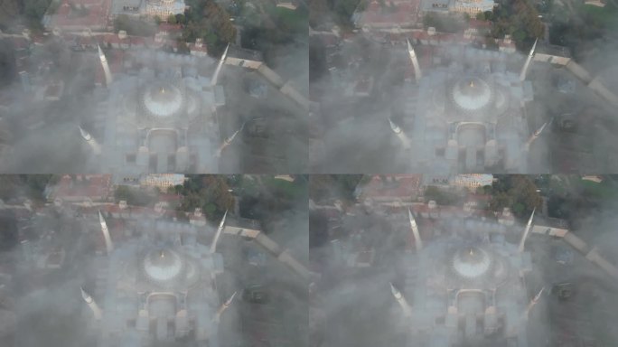圣索菲亚大教堂(Ayasofya)和蓝色清真寺(Sultanahmet)清真寺在雾无人机视频，法提赫