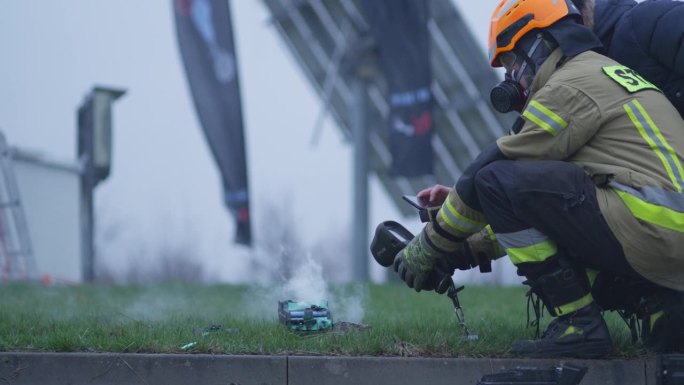防火光伏电池的安全性和耐久性测试。消防员正在测量结果