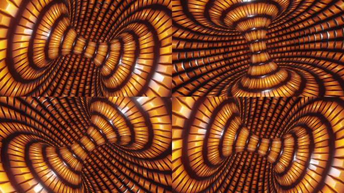 神秘的橙色喜悦:圆形胶囊中的循环抽象柱与动态元素变形和相机滚动。沉浸在一个迷幻的抽象3D动画有趣的视