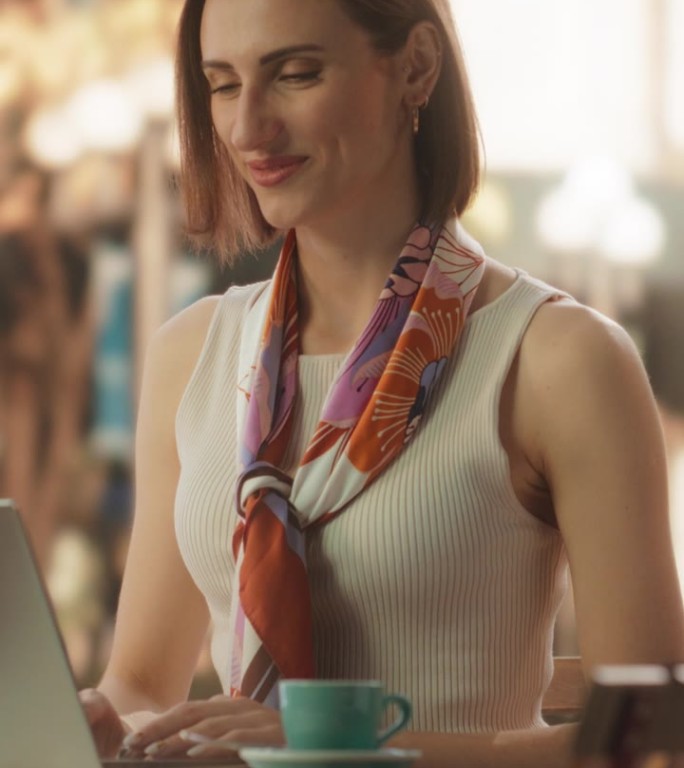 垂直屏幕:女性自由职业者使用笔记本电脑在咖啡馆远程在线工作。阳光明媚的一天，年轻的创意女性在露台上远
