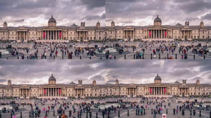 伦敦国家美术馆特拉法加广场区域人群交通和通勤旅游人群的时间流逝