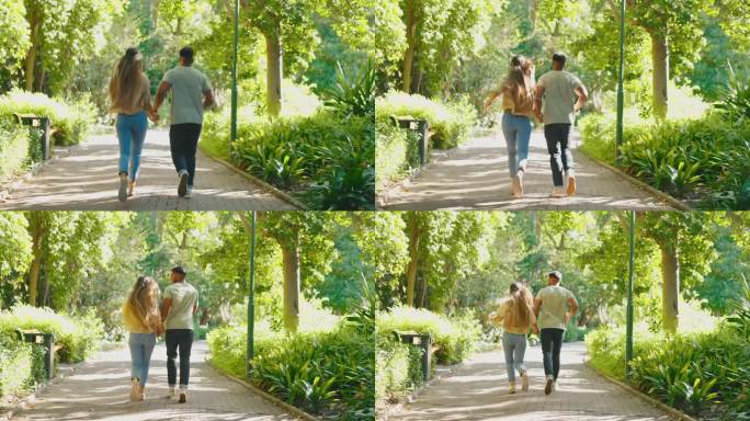 幸福，公园，情侣一起在森林里跑步，在大自然中约会，在户外亲密接触。人们，男人和女人在夏天的绿色树林里
