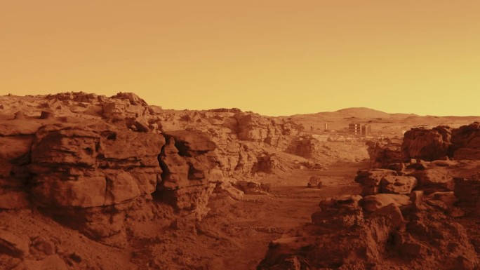 火星表面。石头和尘土飞扬的山