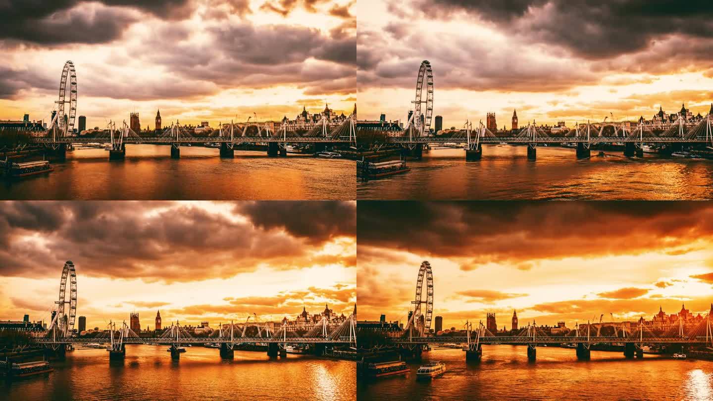 日落时的泰晤士河，伦敦的天际线