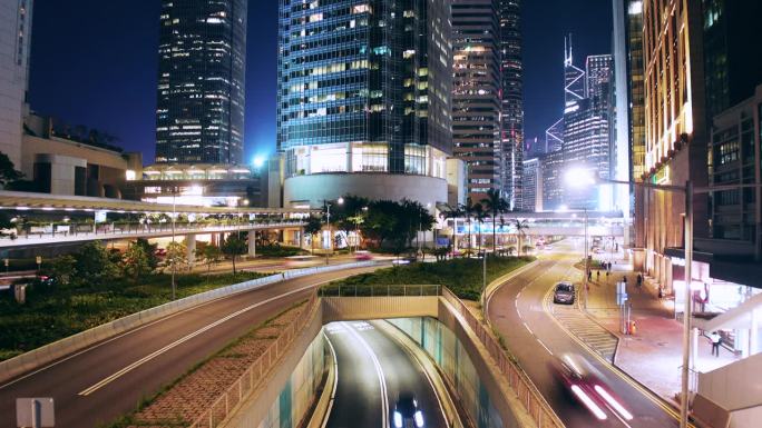 香港夜间交通情况夜景灯火车流金融中心城市