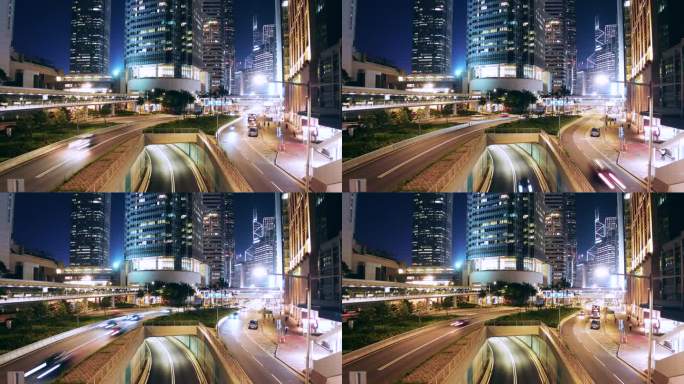 香港夜间交通情况夜景灯火车流金融中心城市