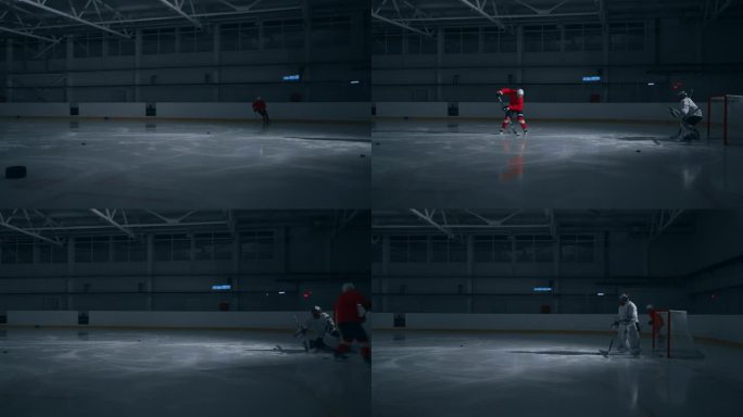 一名穿着红色运动衫的熟练曲棍球运动员在黑暗的冰场上训练，表现出快速的动作，并向守门员进球