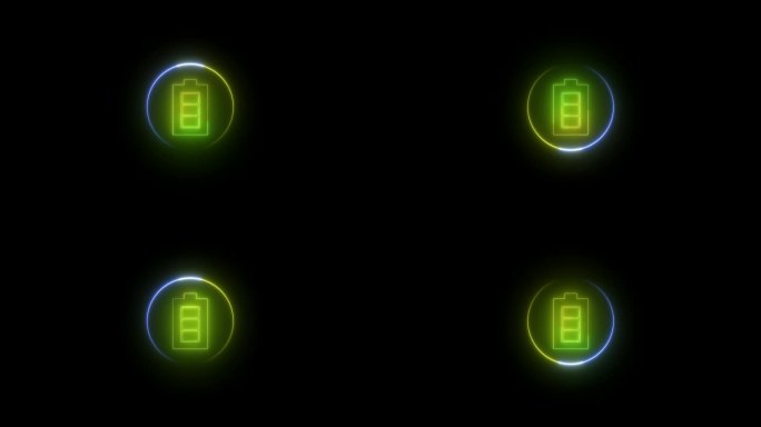 发光的电池标志图标。霓虹灯电池符号图标动画。