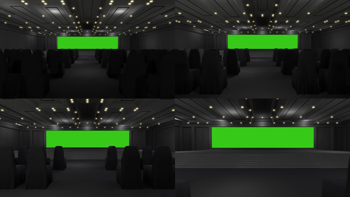 运动空舞台灯光设计的模型和企业形象，展示。大厅内有桁架的舞台。图形资源的空白屏幕。场景事件引导的夜光