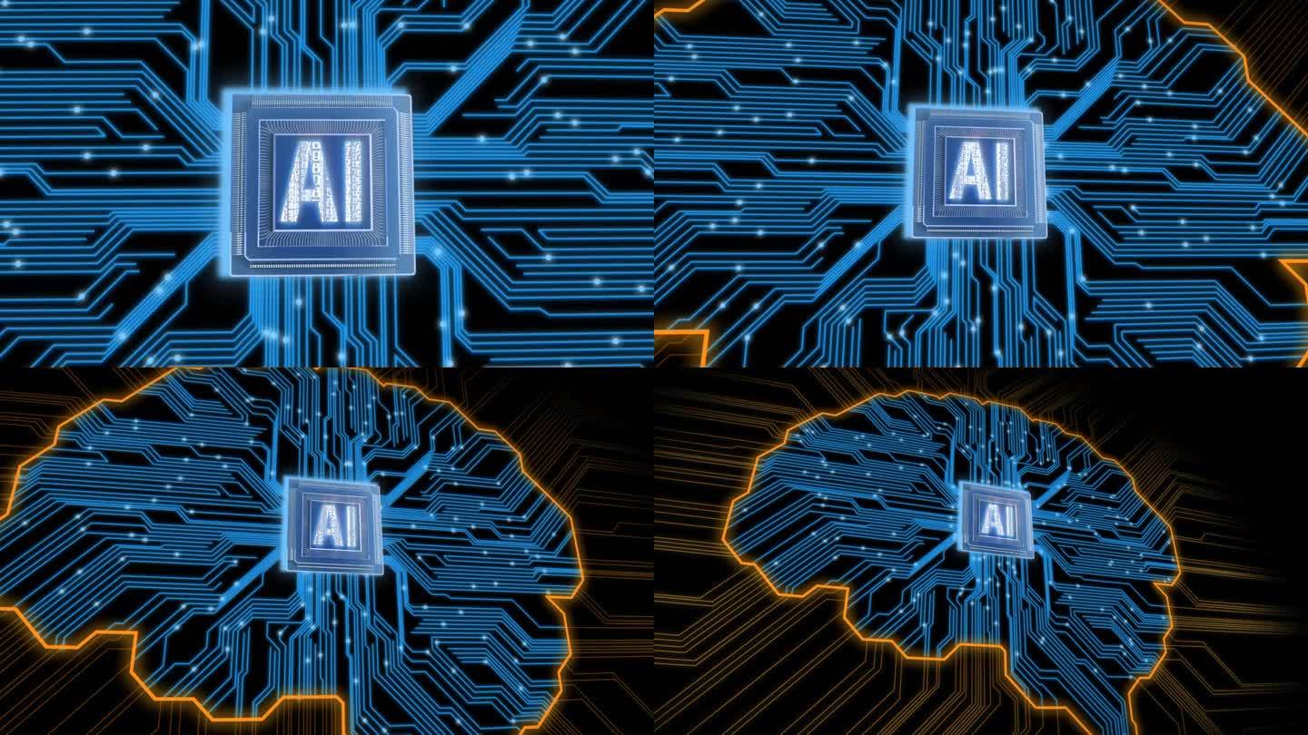 人工智能脑动画概念。在CPU内的AI -中央处理器单元。未来的数字大脑接口。AI深度学习计算机机器