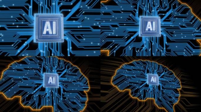 人工智能脑动画概念。在CPU内的AI -中央处理器单元。未来的数字大脑接口。AI深度学习计算机机器