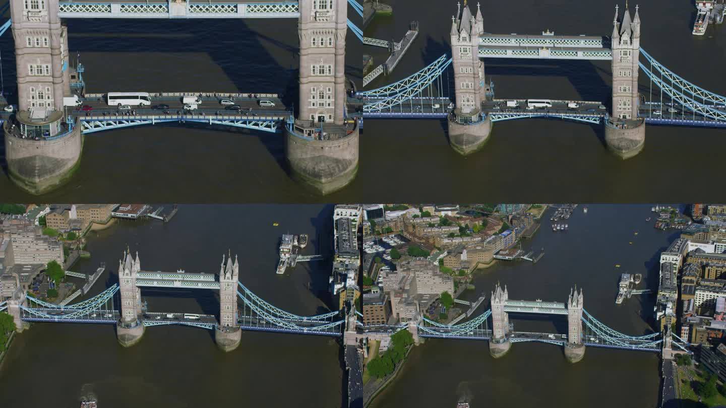俯瞰泰晤士河上的伦敦塔桥，这是伦敦的标志性标志。通勤者和过往的车辆。用红色武器8K拍摄。