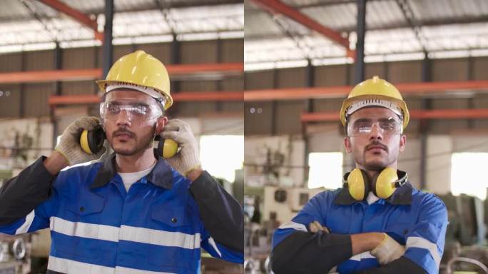 中年成年工程师在工厂内戴着安全帽看镜头