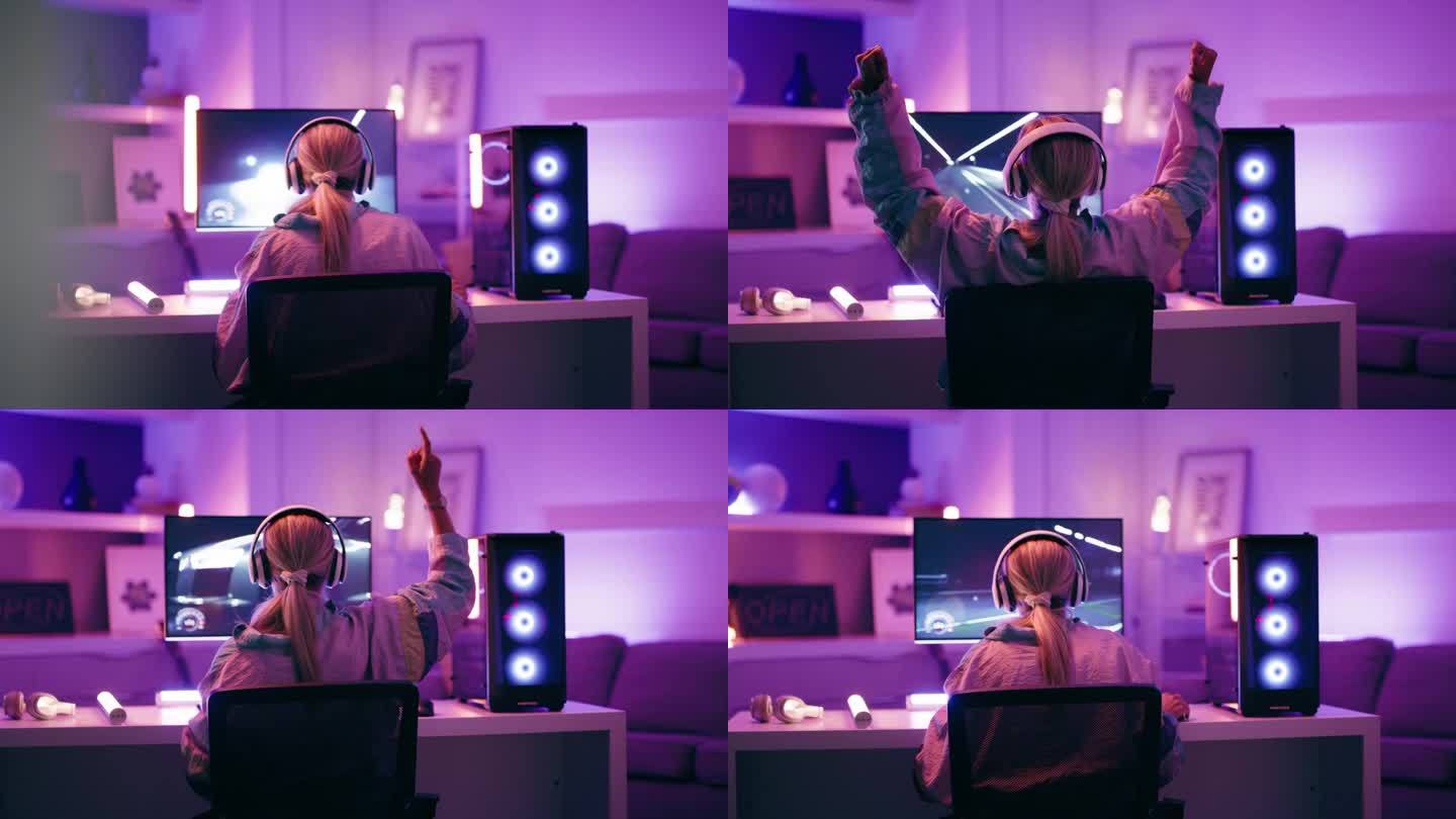 女人、游戏玩家和电脑在夜晚用霓虹灯庆祝胜利、胜利或成就。女游戏专业人士在家里庆祝电子竞技胜利的后视图
