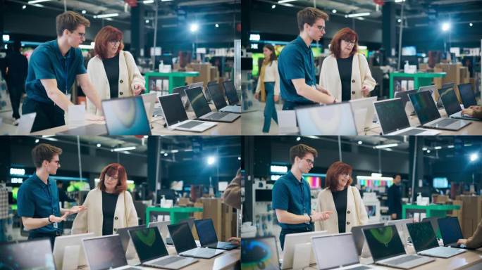 一位退休女性顾客向零售家用电子产品专家寻求购买笔记本电脑的专家建议。老年妇女探索现代计算机技术的选择
