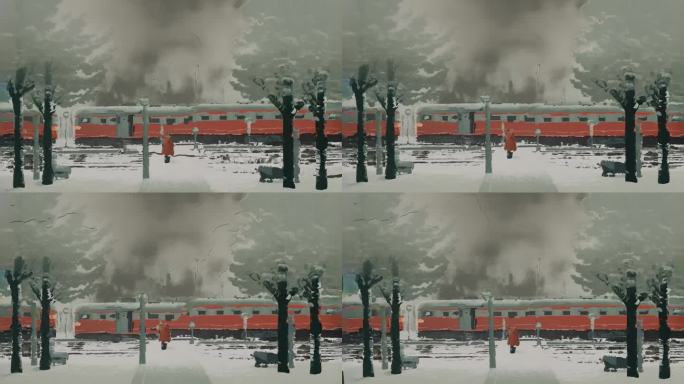 高达4K分辨率，冬季火车经过的铁路道口风景，3D点云动画，在Blender中渲染