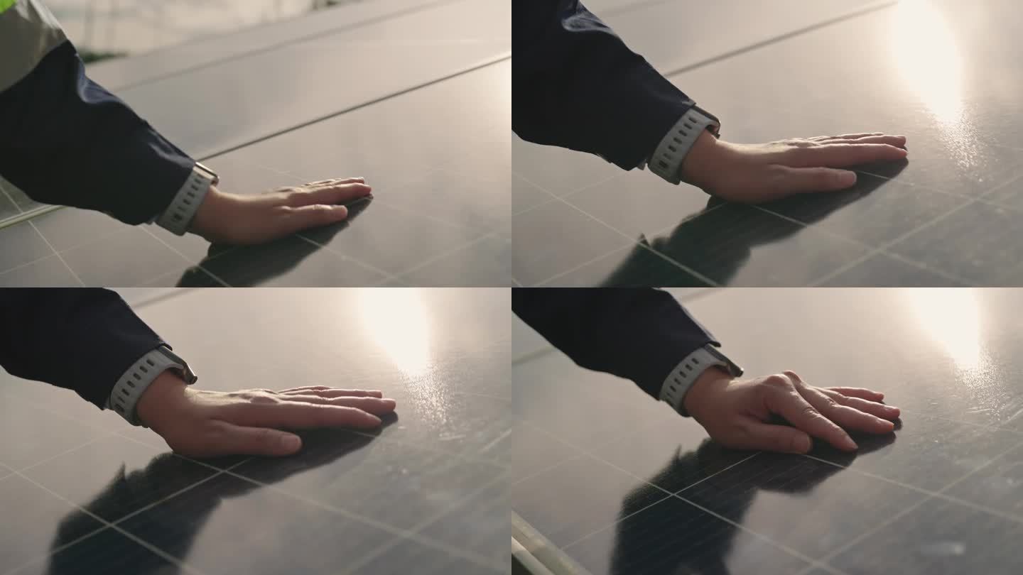人的手放在太阳能板上，产生能量