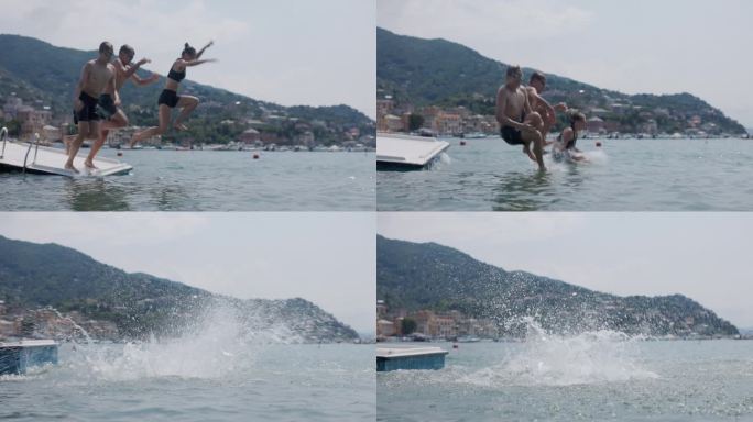 意大利利古里亚，青少年在海上的浮动平台上玩耍