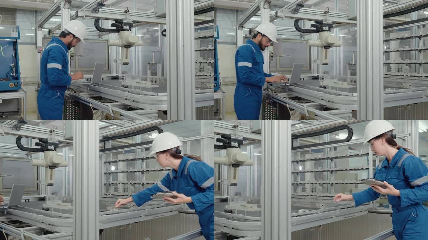 4K女工程师在现代化工厂检查机器运动，以控制自动化生产线的质量