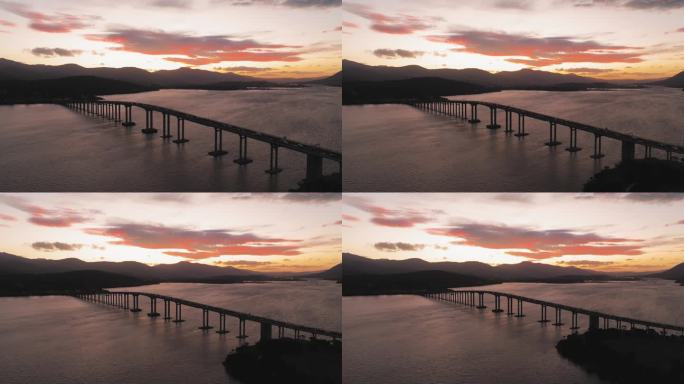 鸟瞰霍巴特大桥横跨岛屿日落