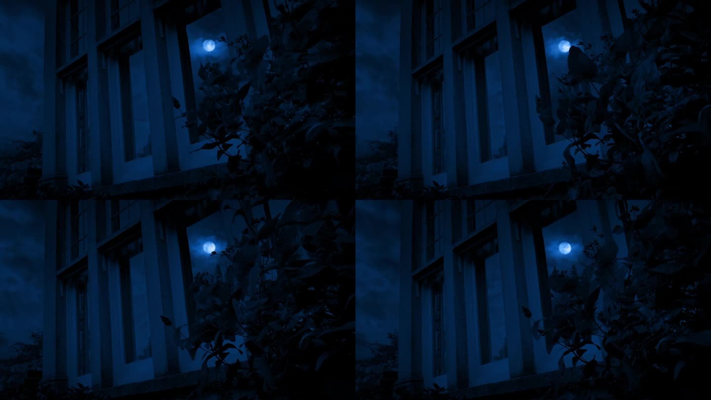 在刮风的夜晚，月亮反射在房子的窗户上