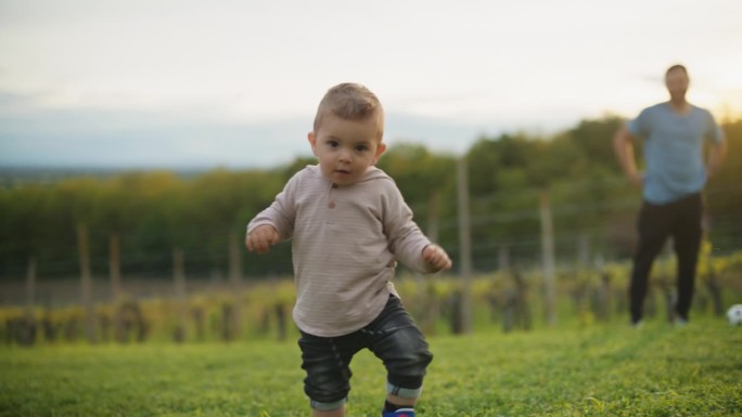 慢镜头:小男孩走在草地上，身后是踢足球的父亲。15个月大的幼儿
