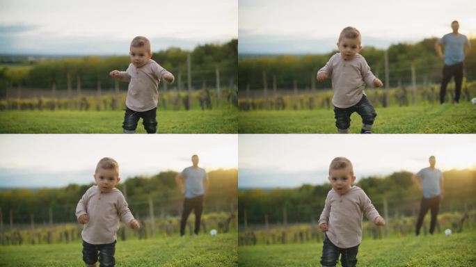 慢镜头:小男孩走在草地上，身后是踢足球的父亲。15个月大的幼儿