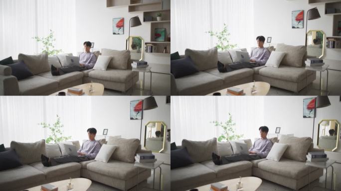 专注的韩国专业人士享受远程办公，在舒适的家里用笔记本电脑工作，分析数据并为他的远程办公室团队制作见解