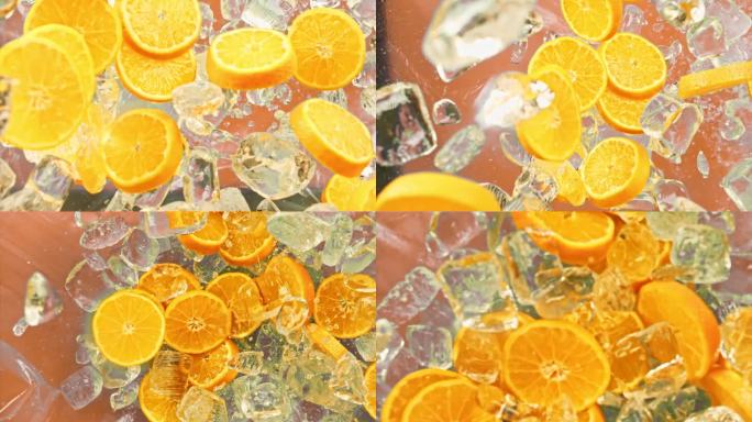 新鲜多汁的橙子和果汁，冰块和水滴飞溅倒在超级慢动作1000fps。柑橘橙片和冰块飞或落在橙色的背景，