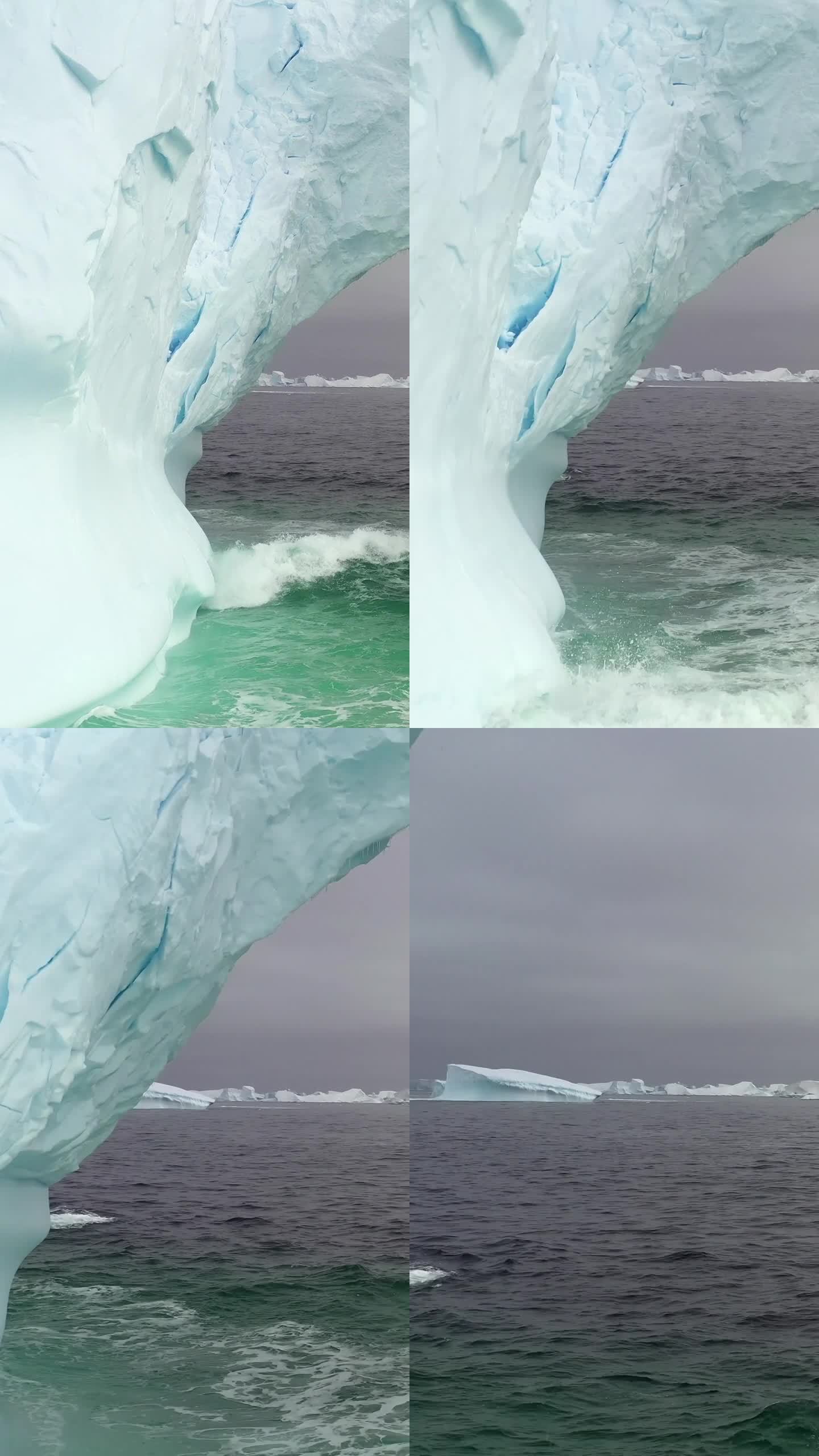 从南极巨大的白色冰山拱中看到的水的垂直视频。