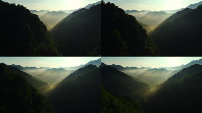 清晨的山谷云雾缭绕山区光影崇山峻岭