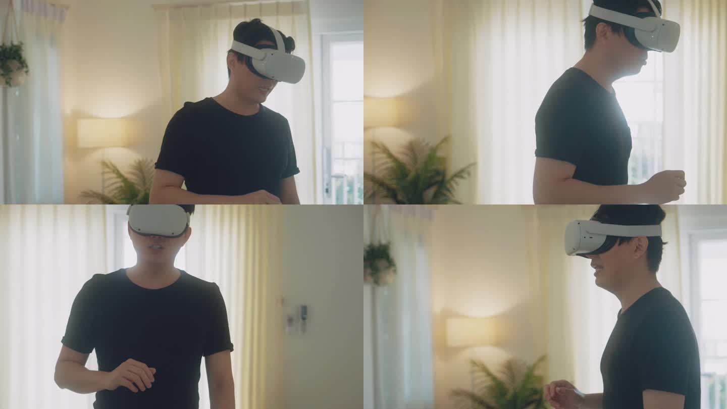 商人们戴着智能虚拟眼镜四处走动，在现代化的房间里参加商务会议。