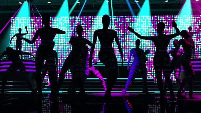 一群穿着彩色酒吧服装的妇女在有彩色点屏的迪斯科舞厅跳舞。循环序列。三维动画
