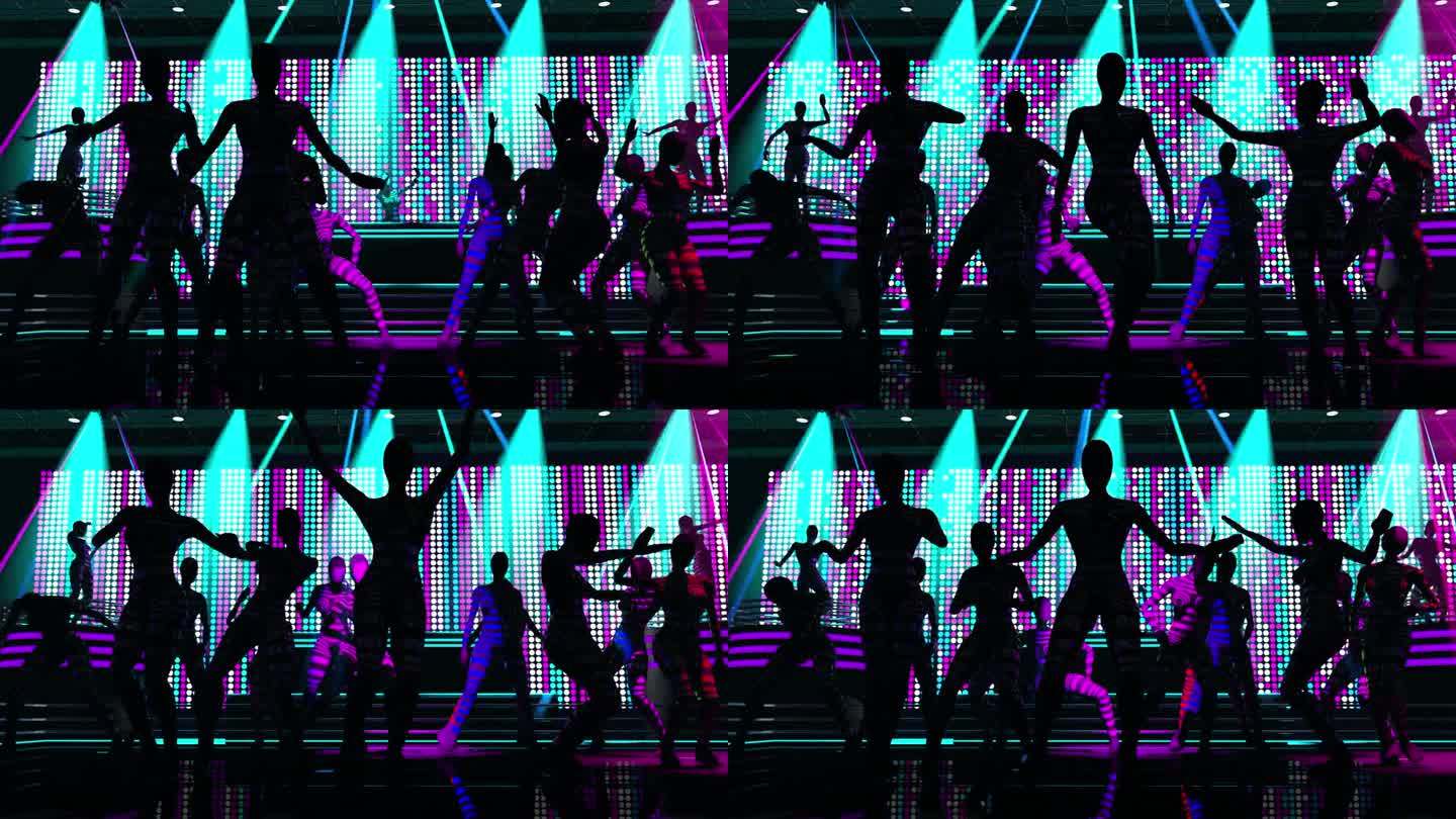 一群穿着彩色酒吧服装的妇女在有彩色点屏的迪斯科舞厅跳舞。循环序列。三维动画